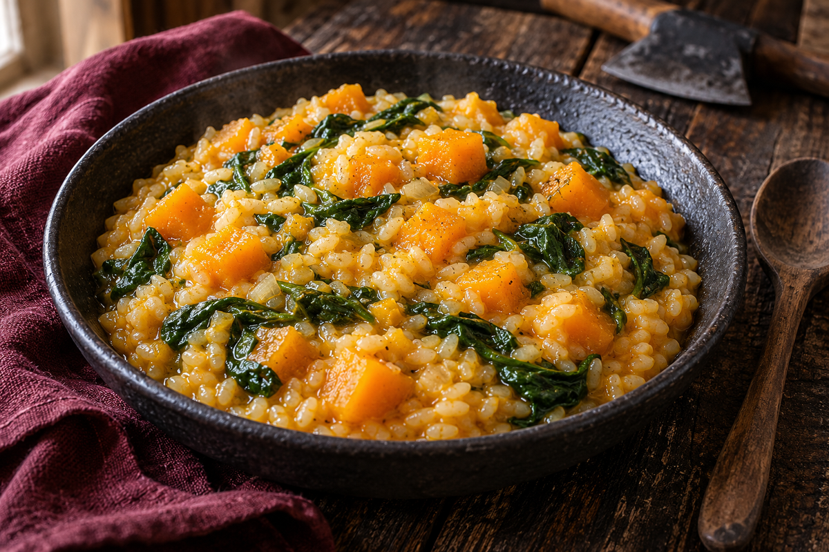 Arroz meloso con dados de calabaza y espinacas en cuenco de cerámica carbón; imagen ilustrativa generada con IA