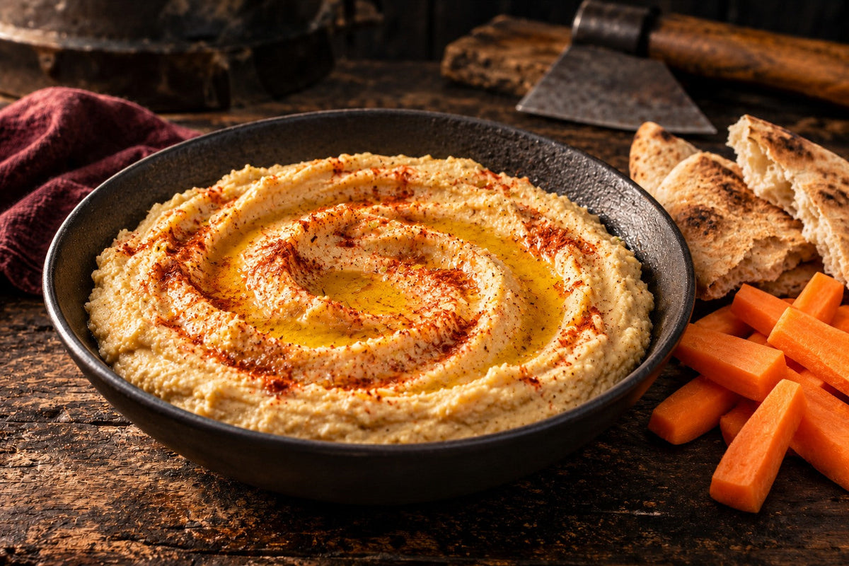 Hummus con aceite y pimentón en cuenco oscuro, estilo Bdevikingo; imagen generada con IA