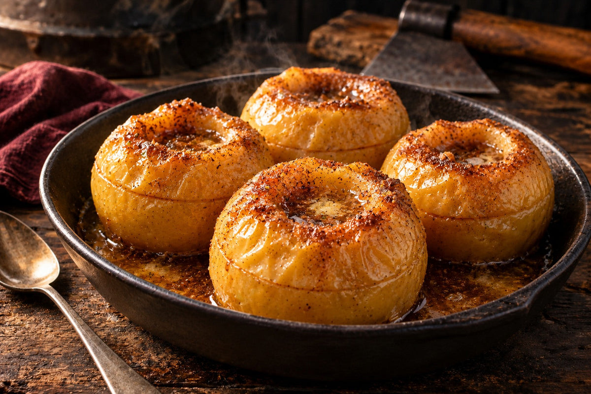 Manzanas asadas con canela en fuente oscura, estilo Bdevikingo; imagen generada con IA