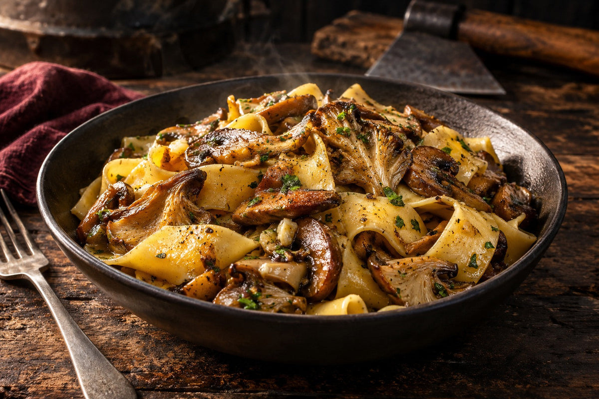 Pappardelle con setas al ajillo sobre vajilla oscura, estilo Bdevikingo; imagen generada con IA