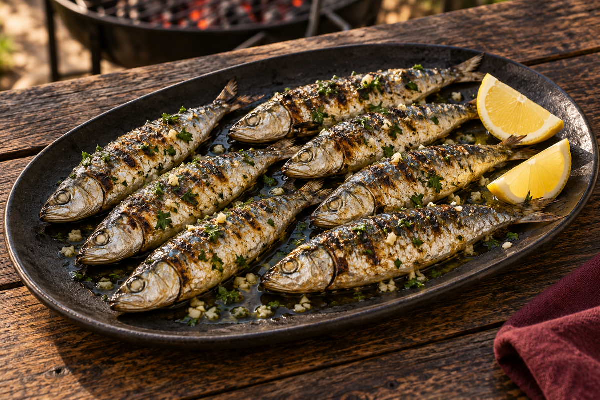 Sardinas a la parrilla con ajo, perejil y limón en fuente de cerámica carbón; imagen ilustrativa generada con IA